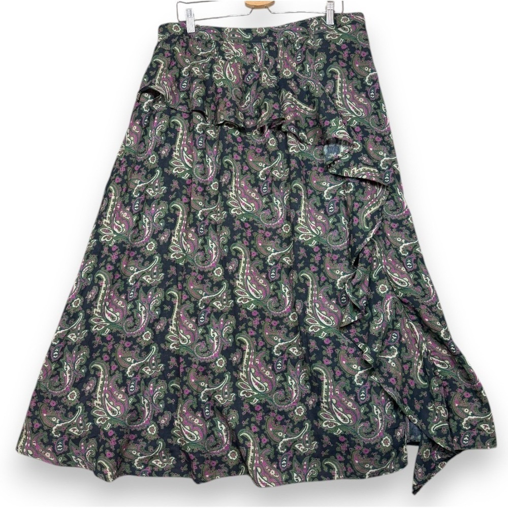 Sundance Skirt Womens XL Green Pink Paisley Caldera Ruffle Midi A Line Prairie